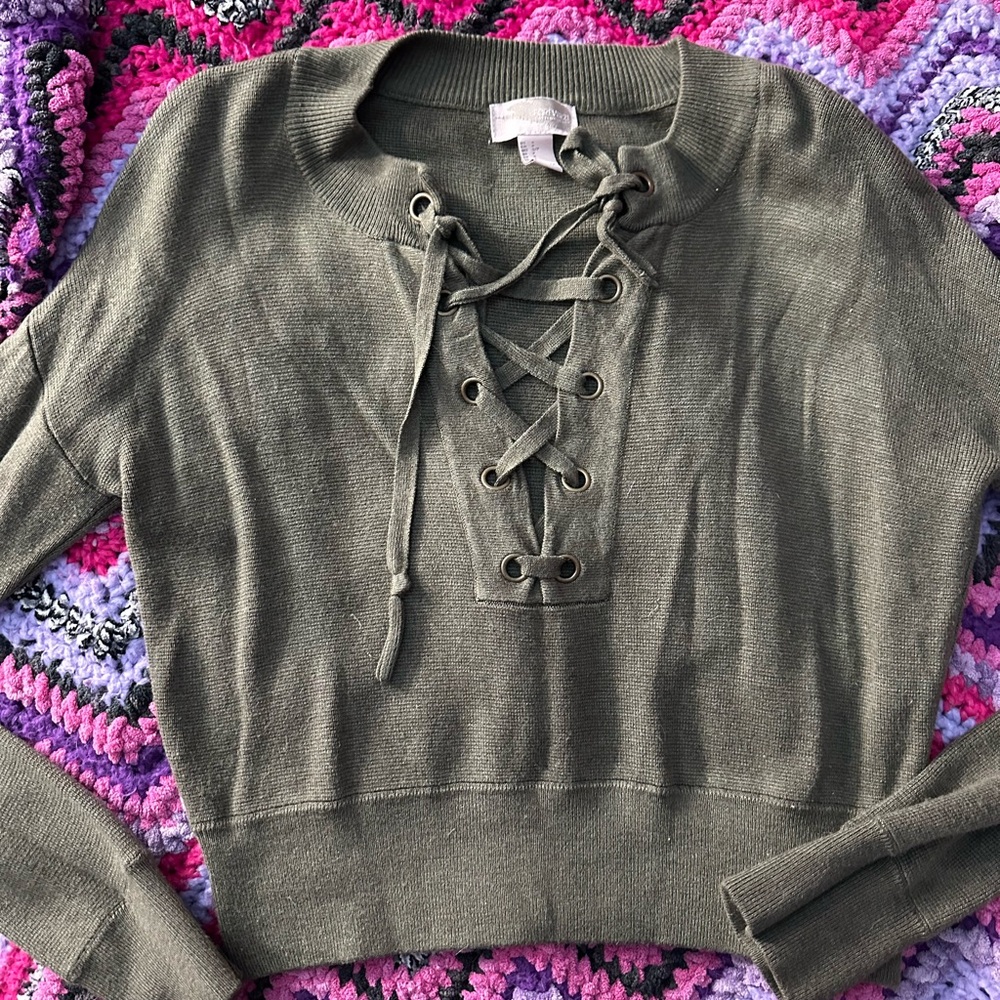 Olive Green Lace-Up Sweater